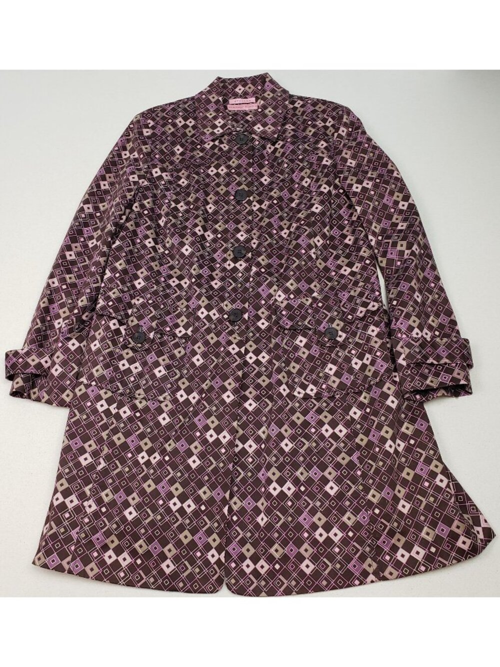 Bandolino Stretch Trench Coat Purple/Brown MCM VTG Pattern Sz L